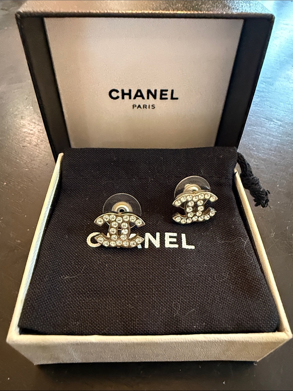 CHANEL Crystal CC Logo Stud Earrings in Silver-tone with Clear Crystals